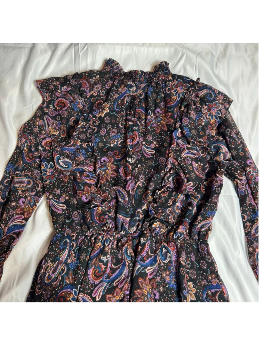 Women's Fate Black Multi-color Paisley Smocked Ruffle Long Sleeve Dress S